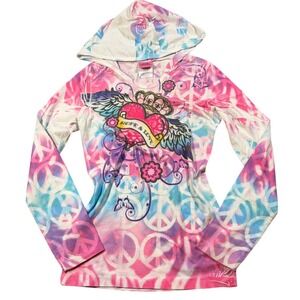 Y2K Grunge Mcbling EdHardy Inspired Pink Peace Sign Hope Love Winged Heart Too